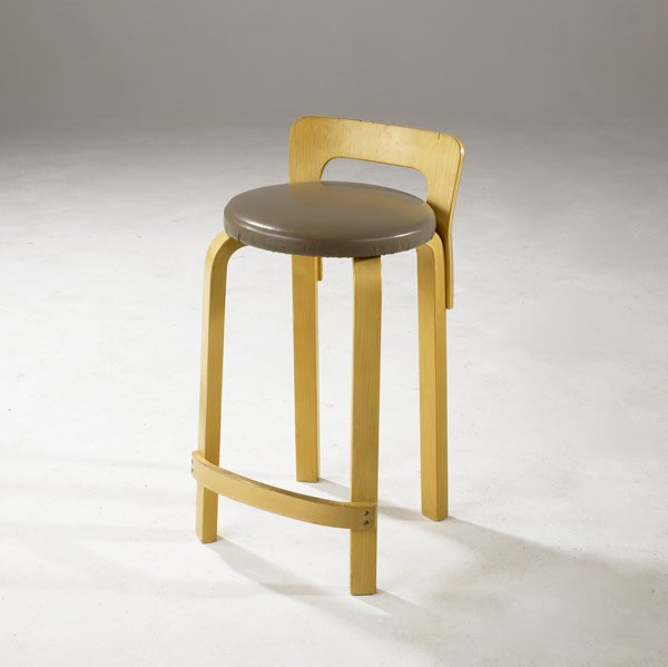 ALVAR AALTO / ARTEK: ALVAR AALTO / ARTEK Birch plywood stool with gray leather seat. ICF label. 28 1/4'' x 14'' x 13''