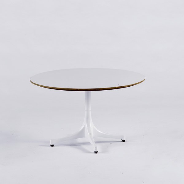 GEORGE NELSON / HERMAN MILLER : GEORGE NELSON / HERMAN MILLER Swag-leg occasional table with white laminate top. Foil tag. 17'' x 28 1/2''