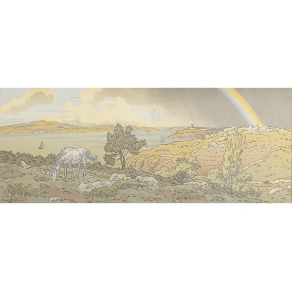 HENRI RIVIERE : HENRI RIVIERE Twelve-color lithograph, ''L'Arc-en-Ciel,'' from the series La Feerie des Heures, c. 1901. Matted and framed. Signed. Site 9'' x 23 1/4''
