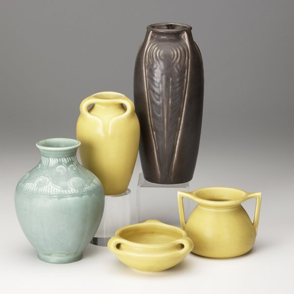 ROOKWOOD: ROOKWOOD Five Production vases, tallest with peacock feathers. All incised with Rookwood flame mark. Tallest: 9''