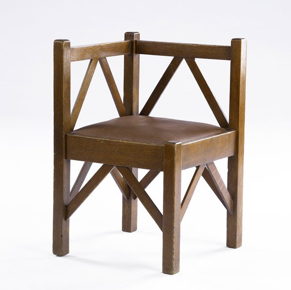 STYLE OF McHUGH: STYLE OF McHUGH Corner chair with leather upholstery. 29 1/2'' x 19'' sq.