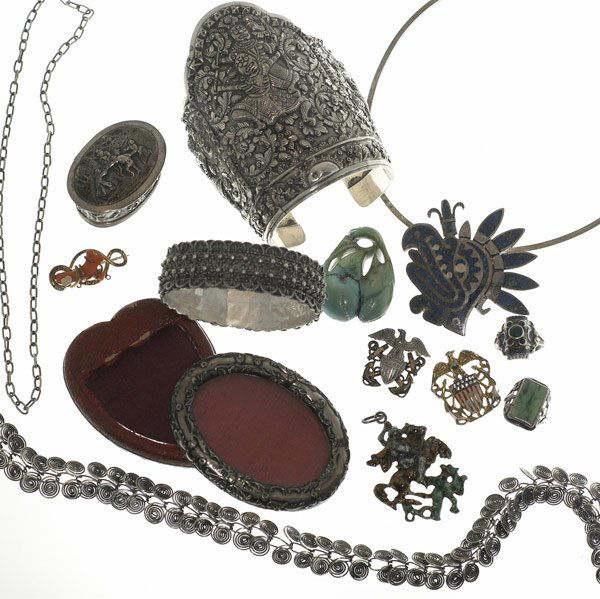 COSTUME JEWELRY: COSTUME JEWELRY Fifteen pieces: Chinese turquoise pendant; two Victorian sterl. picture frames; two World War II sweetheart brooches; Victorian GF broach with coral; Mexican sterl. cuff; Mexican phoen