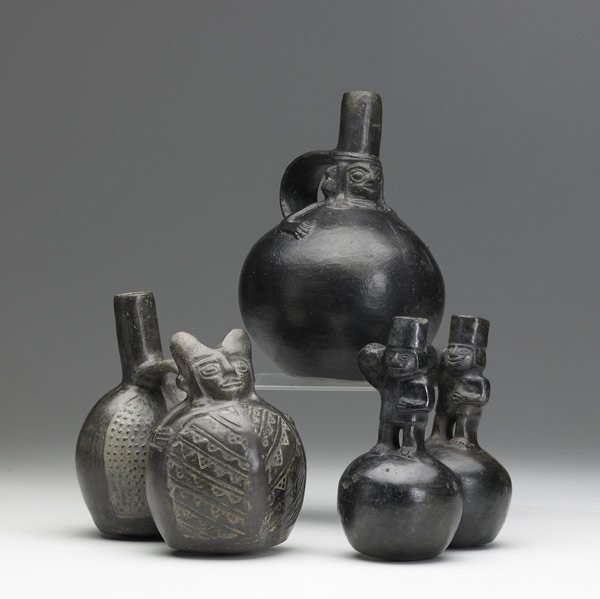 PRECOLUMBIAN CERAMICS : PRECOLUMBIAN CERAMICS Three pieces from Peru include two examples from the Chimu culture (AD 900-1470 )featuring a burial scene and a Moon deity together with a ''Reyna'' vessel with strap handle from