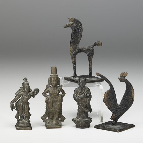 INDIAN OR NEPALESE FIGURES : INDIAN OR NEPALESE FIGURES Five bronze items, 20th C., depicting Shiva, Parvati, Bodhisattva, a horse and a rooster. Tallest 5''