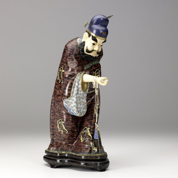 CHINESE CLOISONNE FIGURE: CHINESE CLOISONNE FIGURE With carved ivory head and hand and suspended fan, 20th C. 14''
