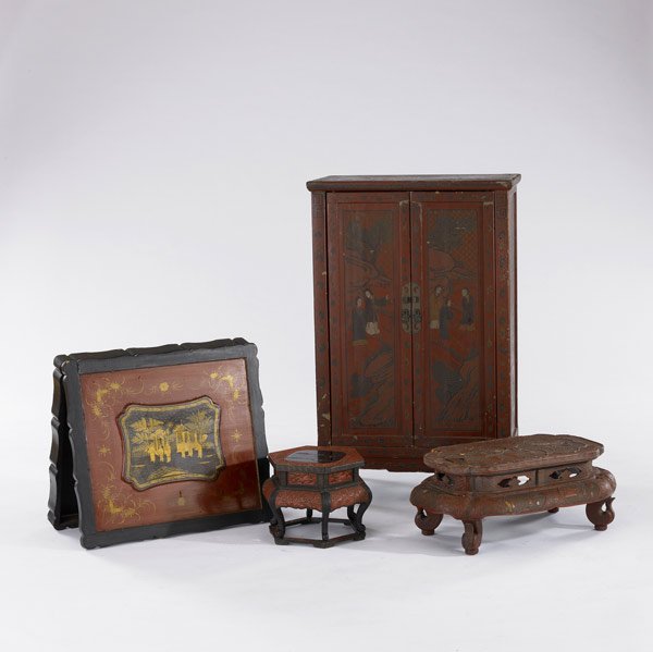 ASIAN FURNITURE: ASIAN FURNITURE Red lacquer together with a cinnabar stand, 19th C. Larger: 41 1/2'' x 26'' x 16''