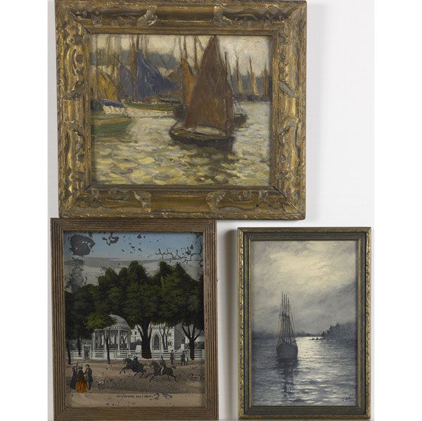 SIX EUROPEAN, BRITISH & AMERICAN SCHOOL ARTWORKS: SIX EUROPEAN, BRITISH and AMERICAN SCHOOL ARTWORKS Italian pastoral, oil on panel; muse, oil on panel (oval frame); French seascape, oil on board (framed); Collie, pencil on paper (framed), signed G.B