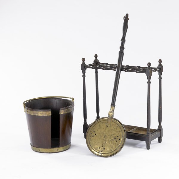 ENGLISH FURNISHINGS Four assorted items: ENGLISH FURNISHINGS Four assorted items include umbrella stand, bucket, plate scale and bed warmer. Largest: 26'' x 24''