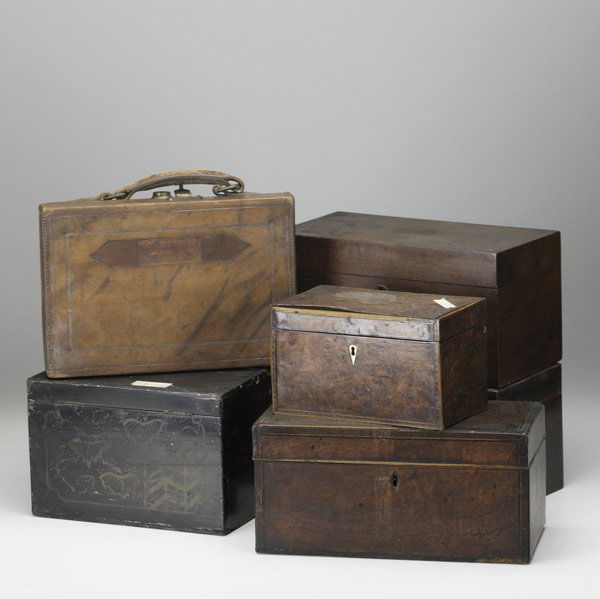EIGHT DECORATIVE BOXES: EIGHT DECORATIVE BOXES Include four tea caddies, lacquered tea box and leather ammunition case. Largest: 12'' x 6 x 6''