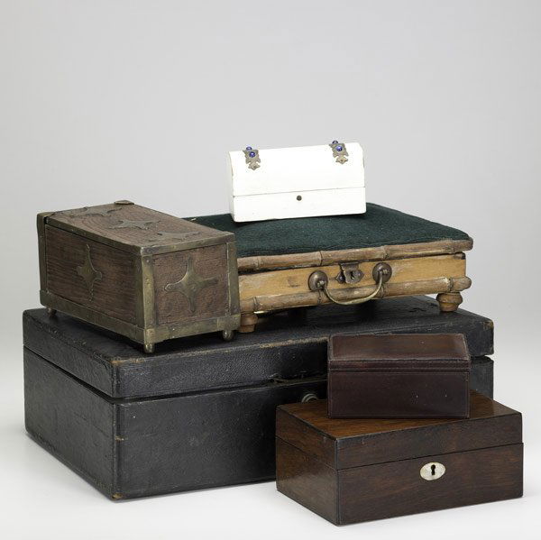 SIX DECORATIVE BOXES: SIX DECORATIVE BOXES Grouping includes bamboo box/foot-warmer, sewing box with mother of pearl inlay, brass bound oak box, two leather boxes and one dome-top box. Largest: 12'' x 18'' x 6''