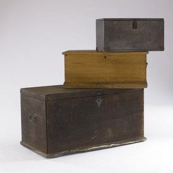 THREE DECORATIVE BOXES: THREE DECORATIVE BOXES Assorted woods including camphorwood, 19th C. Largest: 47 1/2'' x 24'' x 24 1/2''