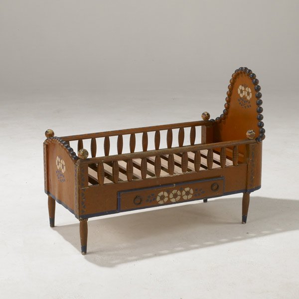 FOLK ART PAINTED CRADLE : FOLK ART PAINTED CRADLE Wood, with single drawer. 25'' x 34'' x 15''