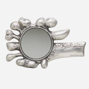 Donald Drumm, Biomorphic mirror: Donald Drumm Biomorphic mirror USA, c. 1970mirrored glass, cast aluminum10 h &times; 16 w &times; 1.5 d in (25 &times; 41 &times; 4 cm) Molded signature to underside '© Drumm'.