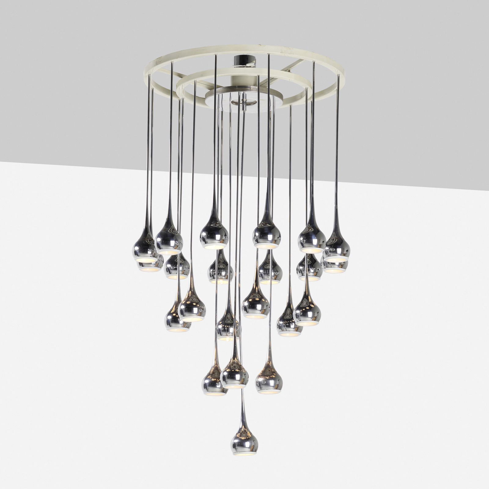 Esperia, Chandelier: Esperia Chandelier Italy, c. 1965chrome, steel, enameled metal44 h × 25 dia in (112 × 63 cm) Decal manufacturer's label to cap 'Esperia'. Provenance: Lost City