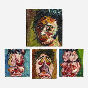 Peter Dean, Head; Untitled (four works): Peter Dean Head; Untitled (four works) oil on Masonite (three Untitled), oil on panel (Head)7.25 h &times; 7 w in (18 &times; 18 cm) Smallest work measures: 4.5 h x 4 w inches. Signed, titled, date