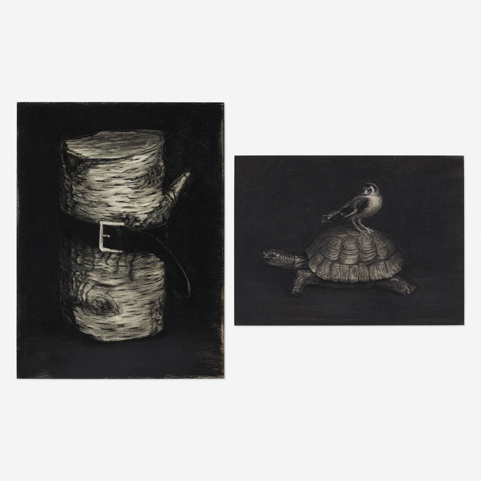 Derrick Guild, two works: Derrick Guild Belted Birch; Tortoise and Goldfinch (two works) 2003charcoal on paper, graphite and charcoal on paper15.75 h × 12 w in (40 × 30 cm) Additional work measures:9.5 h x 12.75 w inches.