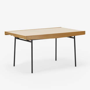 Pierre Guariche, Extension dining table: Pierre Guariche Extension dining table Airborne InternationalFrance, c. 1950enameled metal, elm veneer29 h × 55 w × 33.5 d in (74 × 140 × 85 cm) Sold with two 15.75-