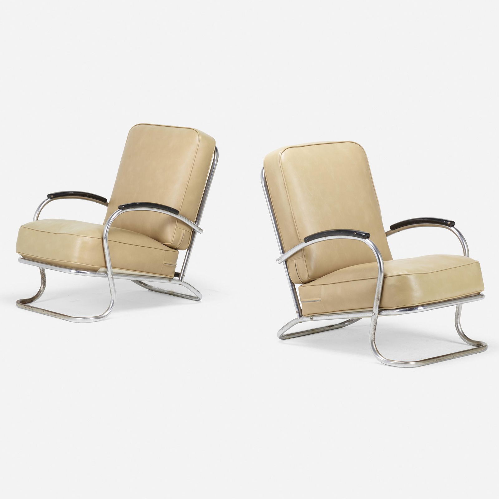 Wolfgang Hoffmann, Lounge chairs, pair: Wolfgang Hoffmann Lounge chairs, pair Howell Manufacturing Co.Austria / USA, c. 1935chrome-plated tubular steel, enameled steel, lacquered wood, vinyl33 h × 24.5 w × 37 d in (84 ×