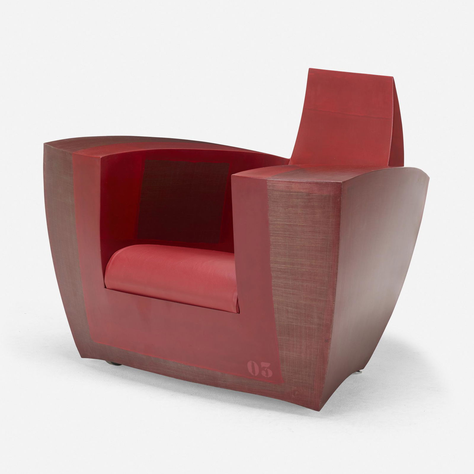 Jonathan Singleton, Easy One armchair: Jonathan Singleton Easy One armchair Spain, 2003enameled stainless steel, leather30.5 h × 41 w × 32 d in (77 × 104 × 81 cm) Stenciled title and date to reverse 'Easy Rojo