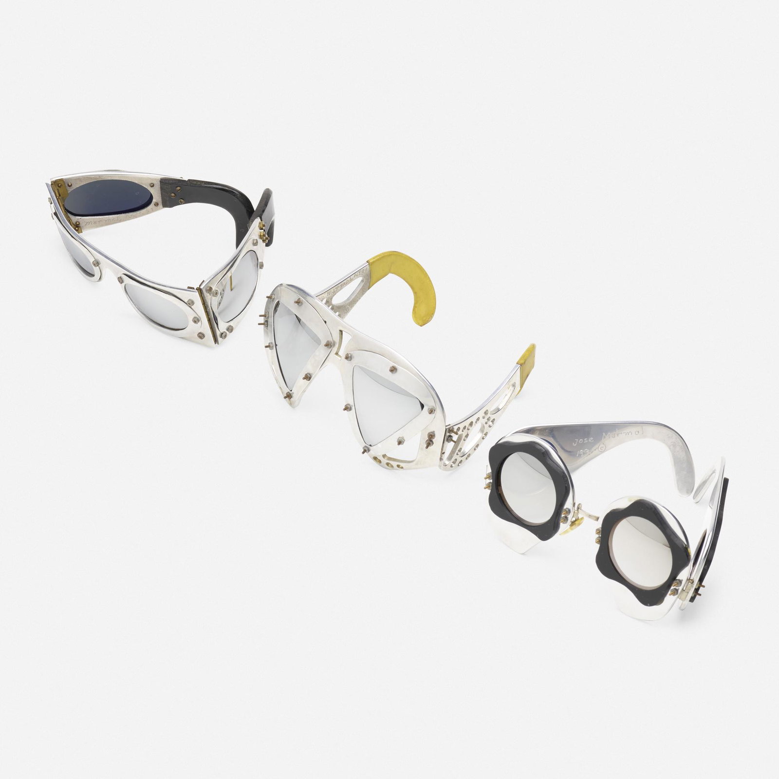 Jose Marmol, Sunglasses (three works): Jose Marmol Sunglasses (three works) 1981, 1987, 1990 metal, plastic and glass 2 h × 7 w × 5.5 d in (5 × 18 × 14 cm) Signed and dated to each example respectively 'Marmol N.