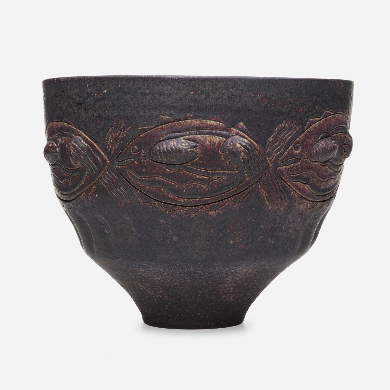 Edwin and Mary Scheier, Large vessel: Edwin and Mary Scheier Large vessel USA, 1991carved and glazed stoneware11.5 h × 15.5 dia in (29 × 39 cm) Incised signature and date to underside 'Scheier 91'. Thi