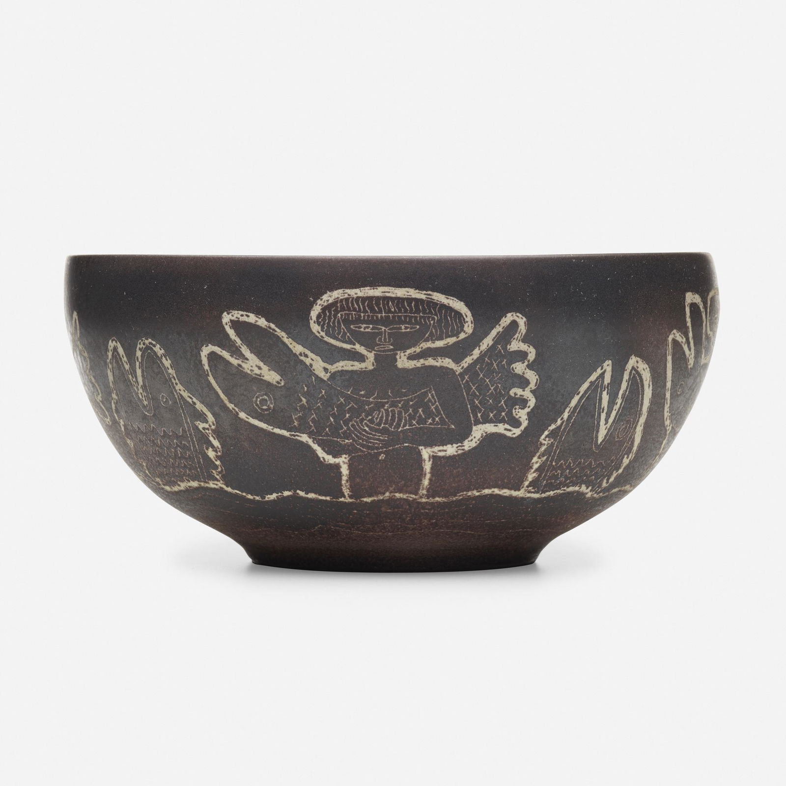 Edwin and Mary Scheier, Early and Large bowl: Edwin and Mary Scheier Early and Large bowl USA, c. 1955glazed stoneware with sgraffito decoration5.75 h × 12.75 dia in (15 × 32 cm) Incised signature to underside 'Scheier'. <