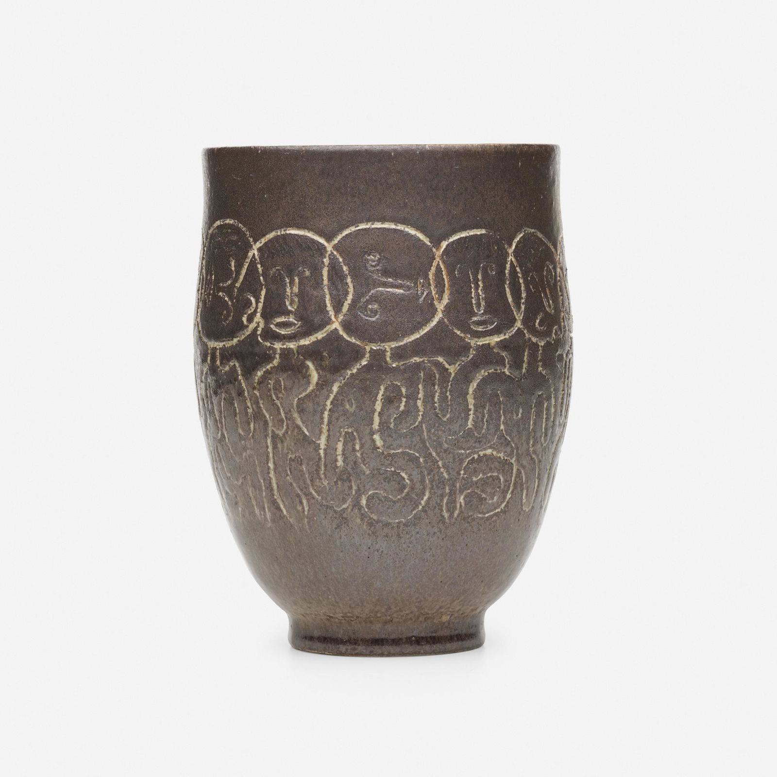 Edwin and Mary Scheier, Early vessel: Edwin and Mary Scheier Early vessel USA, 1958glazed stoneware with sgraffito decoration7 h × 5 dia in (18 × 13 cm) Incised signature and date to underside 'Scheier 58'.