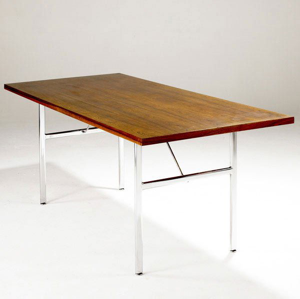 GEORGE NELSON / HERMAN MILLER Dining table: GEORGE NELSON / HERMAN MILLER Dining table with rosewood top over chromed steel base. 28'' x 65 1/4'' x 29 1/2''