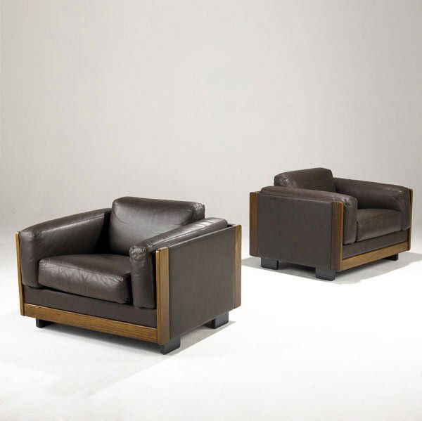 TOBIA SCARPA / CASSINA Pair of club chairs: TOBIA SCARPA / CASSINA Pair of rosewood and brown leather club chairs on enameled wood bases. Cassina label. 26 1/2'' x 35 1/2'' x 30''