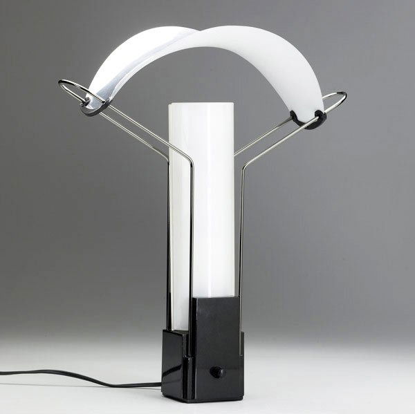 PERRY KING & SANTIAGO MIRANDA / ARTELUCE Palio lamp: PERRY KING AND SANTIAGO MIRANDA / ARTELUCE Palio table lamp with two central milk glass shades in a polished and enameled metal housing. Embossed Arteluce mark, also has Flos USA and Atelier Internati