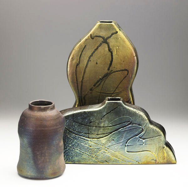 JANE AEBERSOLD: Three ceramic works: JANE AEBERSOLD Three works: Two sculptural vessels covered in textured, iridescent glazes, 1986 and 1987, ''Brocade Baroque'' and ''Ventana Suite;'' vessel covered in matte glaze with iridescent highl