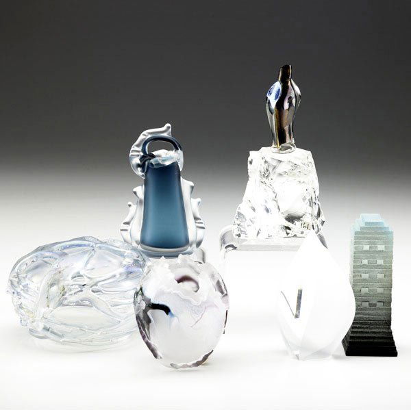 STUDIO GLASS Six pieces, 1968-1992: STUDIO GLASS Six pieces, 1968-1992: reflective prism by Christopher Ries; carved cabinet vase by Noel Laue; miniature basket form by Robert Levin; laminated skyscraper by Mary Kay Simoni; iridescent p