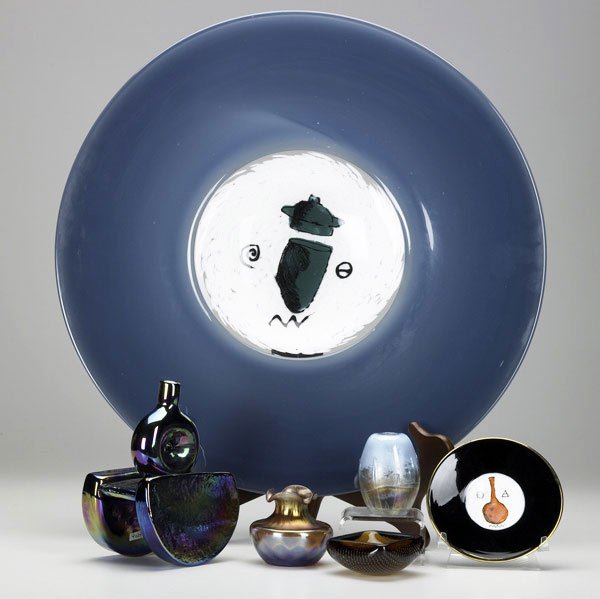 STUDIO GLASS Six pieces, 1989-96: STUDIO GLASS Six pieces, 1989-96: Charger and miniature plate by Doug Ohm; cabinet vase from the Pine Barren series by Don Friel; iridescent cabinet vase titled ''Xanadu'' by Ron Hansen; blown and cas
