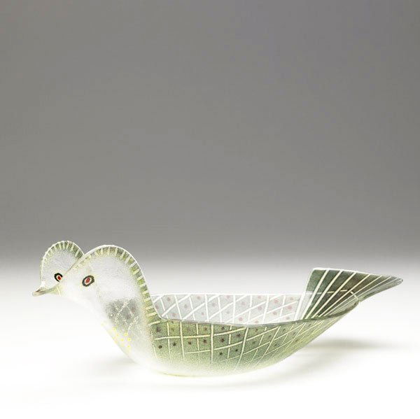 MAURICE HEATON Enameled bird-form glass dish.: MAURICE HEATON Enameled bird-form glass dish. Signed M.H. 4 1/2'' x 15'' x 7''