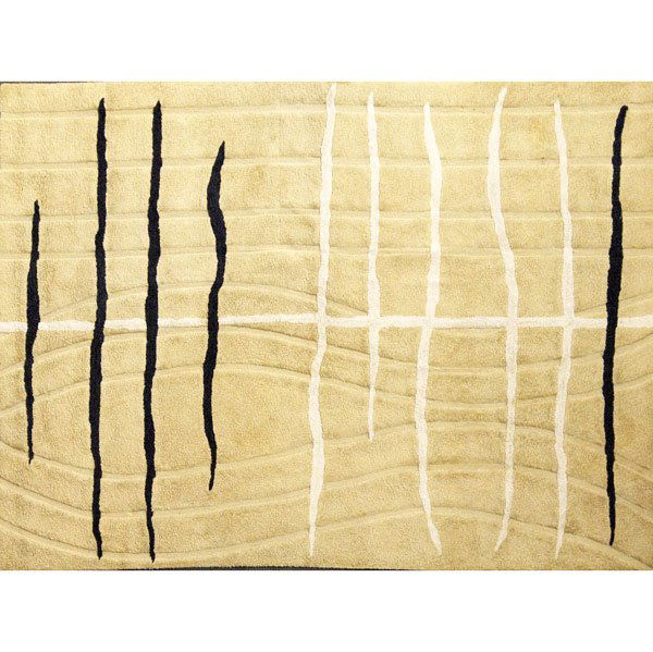 EDWARD FIELDS Room-size rug: EDWARD FIELDS Room-size rug with black and white pattern on ochre ground. Stamped Edward Fields on selvage. 145'' x 108''