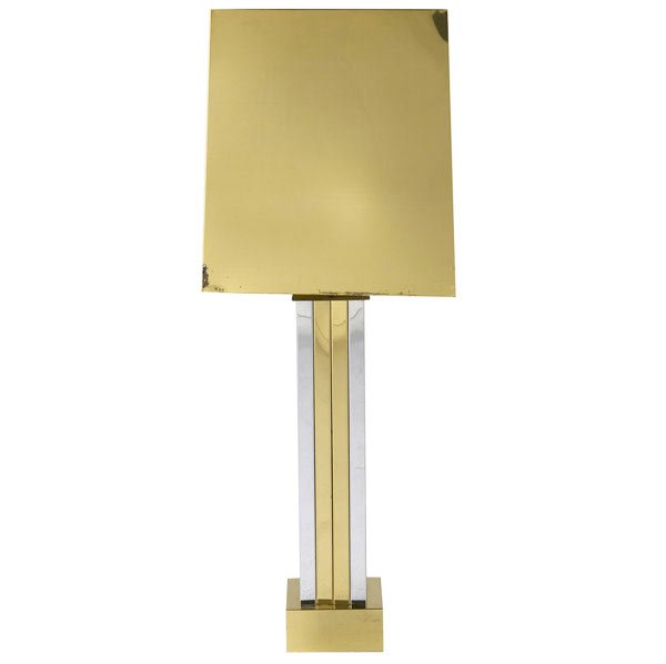 CURTIS JERE Table lamp and shade: CURTIS JERE Polished brass and chrome table lamp, 1976. Base and shade both signed C. Jere 1976. Including shade: 43'' x 16'' x 16''