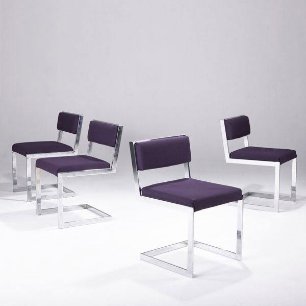 MILO BAUGHMAN / THAYER COGGIN Four dining chairs: MILO BAUGHMAN / THAYER COGGIN Set of four dining chairs upholstered in hopsack over chromed steel legs. 29'' x 17 3/4'' x 18 3/4''