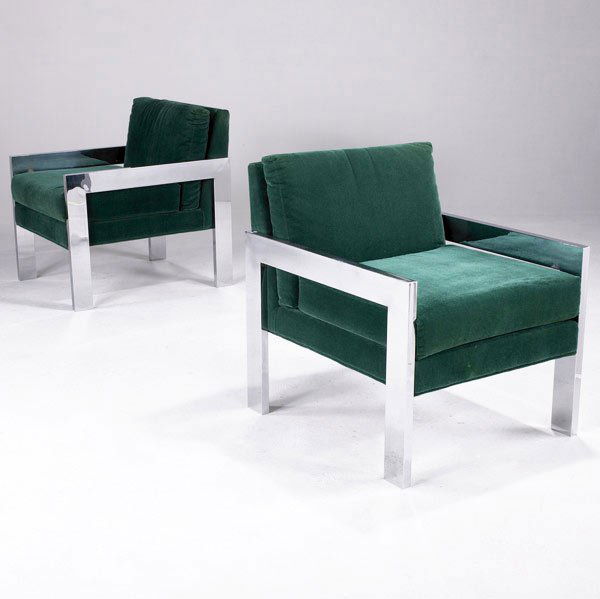 STYLE OF MILO BAUGHMAN Pair of lounge chairs: STYLE OF MILO BAUGHMAN Pair of upholstered lounge chairs on chromed steel bases. 29 1/2'' x 24 1/4'' x 28''