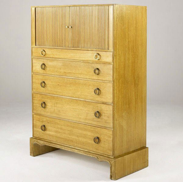 TOMMI PARZINGER / CHARAK MODERN Gentleman's chest: TOMMI PARZINGER / CHARAK MODERN Gentleman's chest in bleached mahogany with solid brass hardware. Charak Modern decal. 53 1/4'' x 37 3/4'' x 17 3/4''