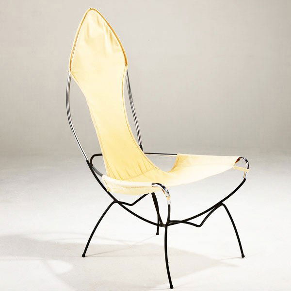 TONY PAUL / RAYMOR (Attr.) Lounge chair: TONY PAUL / RAYMOR (Attr.) Lounge chair on iron base with chrome details and canvas sling seat, ca. 1952. 48'' x 24'' x 32''