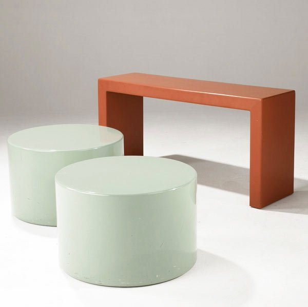 METRO Console table and two occasional tables.: METRO Gel-coated fiberglass console table in desert red finish along with two circular occasional tables in seafoam. Table: 16'' x 24 3/4''; console: 24 1/2'' x 48'' x 14''