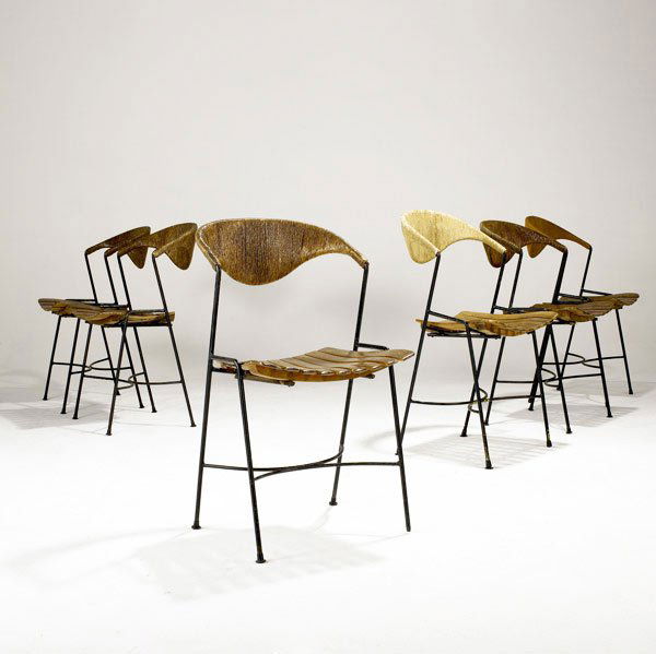 ARTHUR UMANOFF / RAYMOR Six dining chairs: ARTHUR UMANOFF / RAYMOR Six dining chairs with woven backs and contoured slat seats on enameled wrought iron bases. 34 1/2'' x 18 1/2'' x 16 1/2''