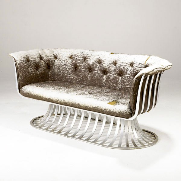 RUSSELL WOODARD Settee : RUSSELL WOODARD Settee with loose cushion on solid aluminum frame. 28 1/2'' x 64'' x 22''