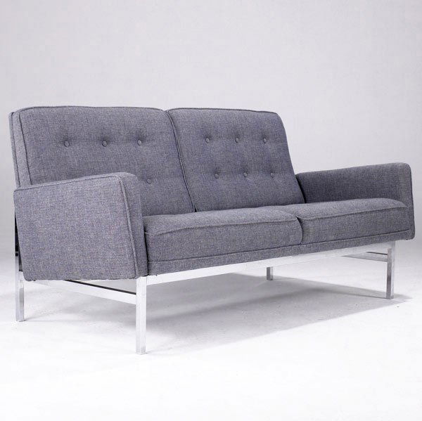 FLORENCE KNOLL Loveseat: FLORENCE KNOLL Loveseat with arms upholstered in hopsack on chromed steel legs. 30 1/4'' x 62 1/4'' x 28 1/4''