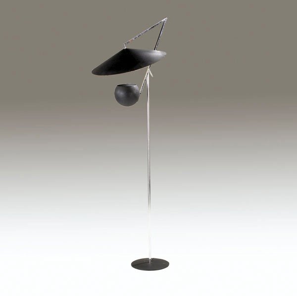 ROBERT SONNEMAN Floor lamp with adjustable arm: ROBERT SONNEMAN Floor lamp with adjustable arm in textured black enamel and chromed steel pole and arm. Approx. 73'' x 28''