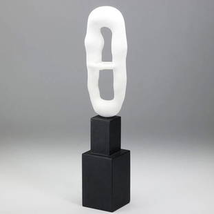 TOSHIHARU KITAGAWA Marble abstract sculpture.: TOSHIHARU KITAGAWA Marble abstract sculpture, ''Double Space,'' on black pedestal base. Sculpture marked with carved cipher. 23 1/2'' x 4 1/4''