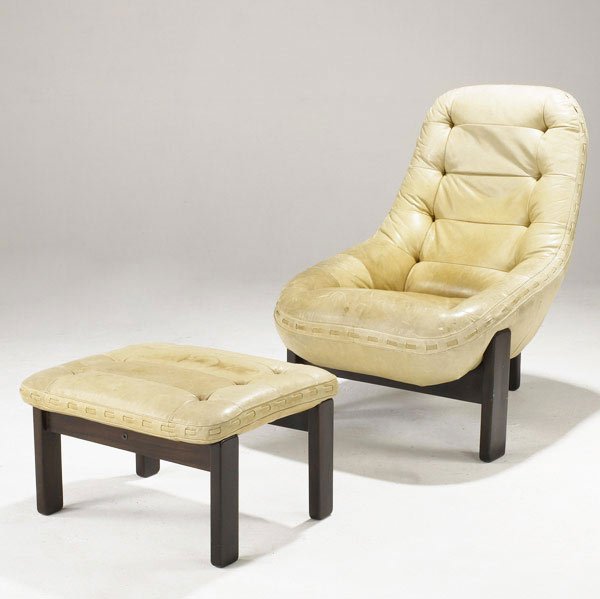 PERCIVAL LAFER (Brazil) Lounge chair and ottoman.: PERCIVAL LAFER (Brazil) Lounge chair and ottoman upholstered in cream leather on solid rosewood bases. Made in Brazil paper label. Chair: 39'' x 29'' x 33 1/2''; ottoman: 14 1/2'' x 24 1/2'' x 20 1/2'