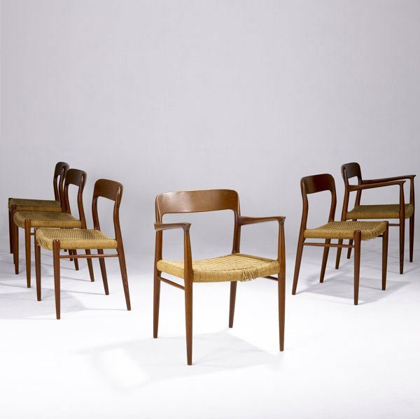 J.L. MOLLER (Denmark) Set of six dining chairs: J.L. MOLLER (Denmark) Set of six sculpted solid teak dining chairs with woven seats, two arm- and four side-. Armchairs: 30 1/2'' x 23'' x 18 1/2''; side chairs: 29 1/2'' x 20'' x 16 1/2''