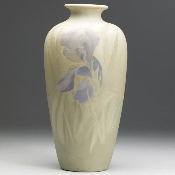 WELLER Hudson Perfecto vase: WELLER Hudson Perfecto 14'' vase beautifully painted with purple irises. Partial mark on bottom, drilled away.