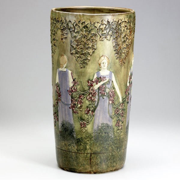 WELLER Flemish umbrella stand: WELLER Flemish 19 1/2'' umbrella stand. 3'' tight line, 5'' x 3 1/2'' slightly overfired area. Unmarked.